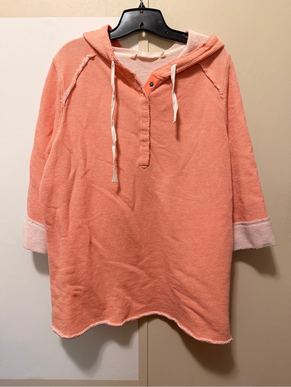Coral Hooded Knit Pullover with Contrast Cuffs